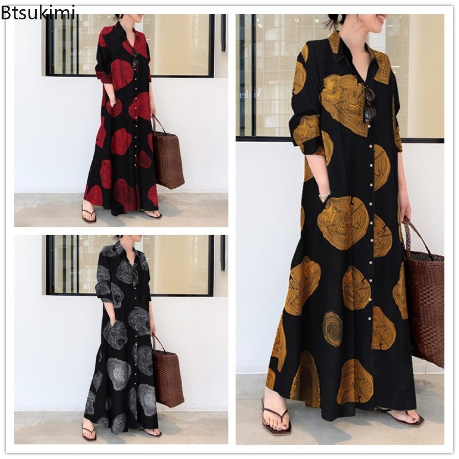 Casual Loose Linen Shirt Dress - เดรสเชิ้ตผู้หญิงปี 2026 ทรงหลวมสบายๆ แบบแม็กซี่เดรส ลายพิมพ์เรโทร ผ้าฝ้ายลินิน