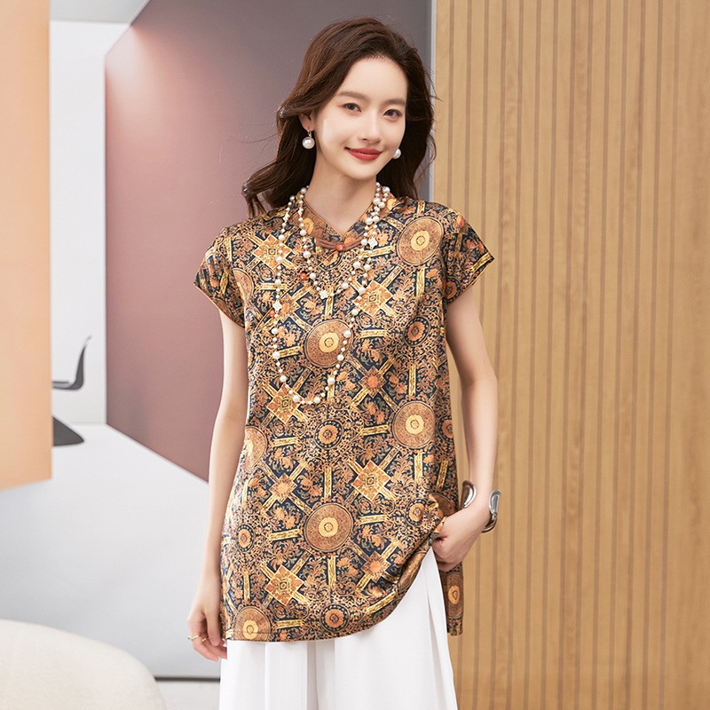 Blouses - เสื้อผู้หญิง แขนสั้น คอกลม เสื้อคลุมคอจีน ลายเรขาคณิต ทรงหลวม