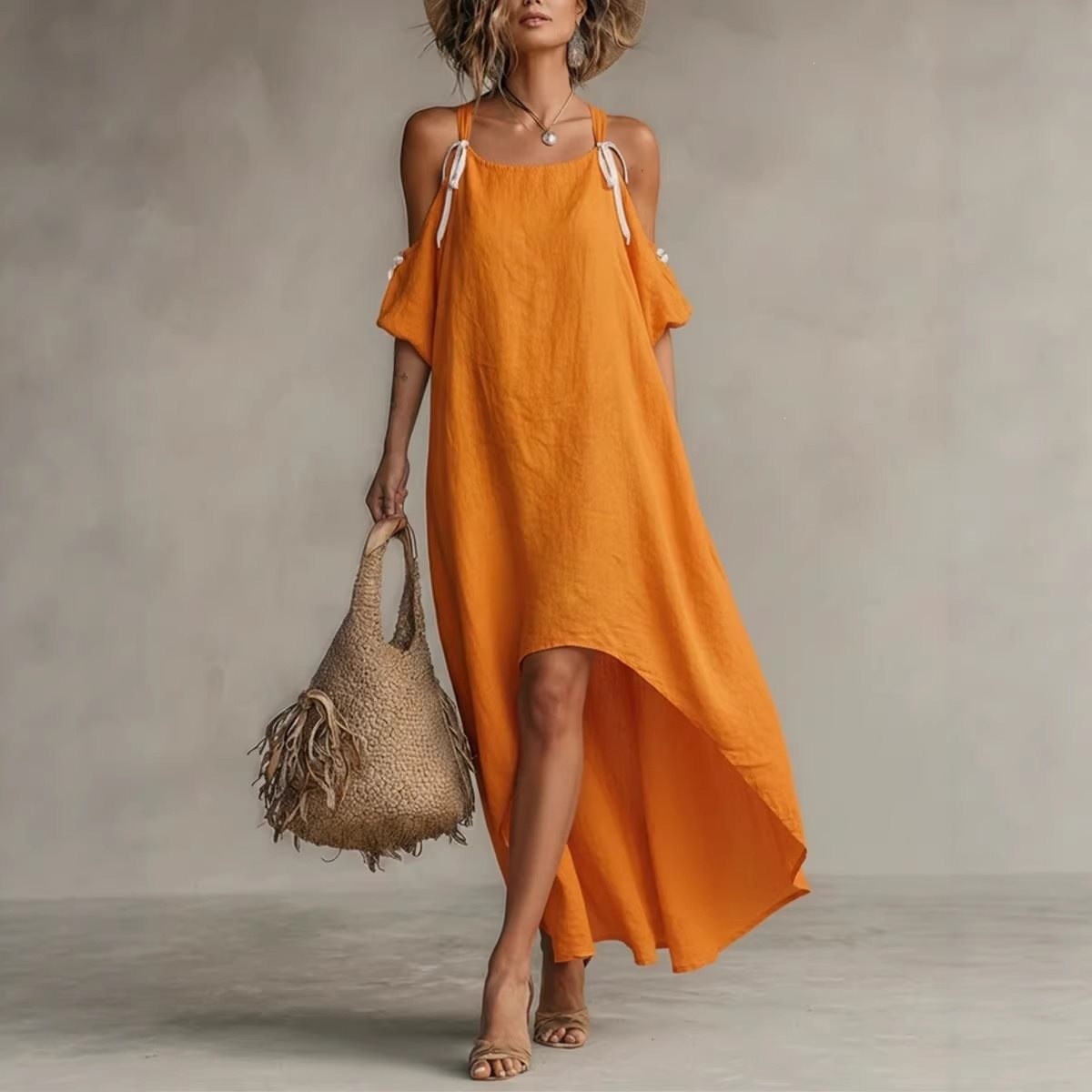 Off Shoulder Puff Sleeve Sundress - ชุดเดรสผู้หญิงฤดูร้อน แขนพอง คอ halter ชุดเดรสลำลองทรงหลวมสไตล์โบฮีเมียน ชุดเดรสยาวสีส้มขาว