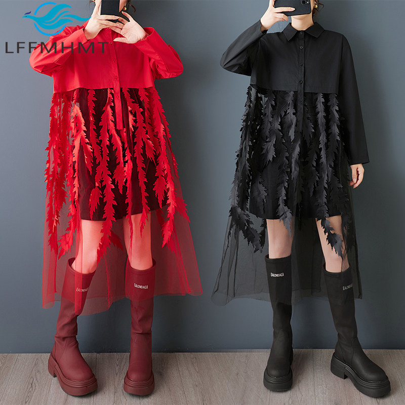Korean Style A Line Shirt Dress - เดรสเชิ้ตพิมพ์ลายดอกไม้สไตล์เกาหลีสำหรับผู้หญิง รุ่นสปริงใหม่ ทรงหลวม ดีไซน์ฉลุลาย แขนยาว ผ้าชีฟองหวานๆ