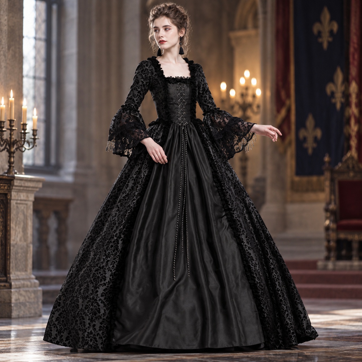 Dresses - ชุดเดรสยาวแขนบานลายปะติดสไตล์เรโทรวรรณกรรมเอวสูงแขนยาวเซ็กซี่สไตล์ราชสำนักยุคกลางสำหรับฤดูหนาว