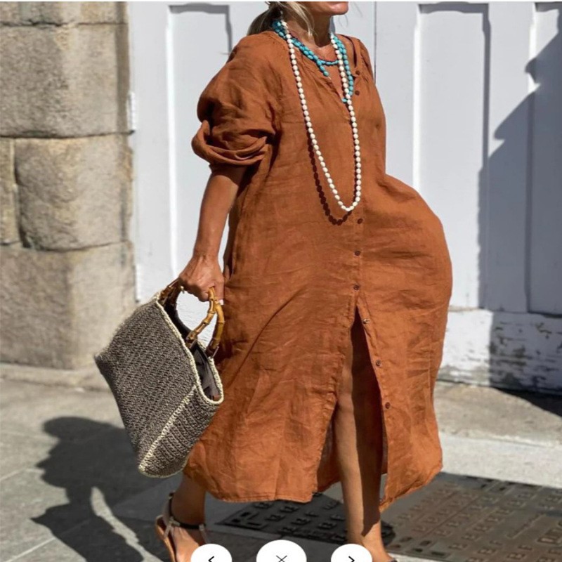Casual Loose Linen Shirt Dress - เดรสผ้าฝ้ายลินินสไตล์แฟชั่นหรูหราสำหรับฤดูใบไม้ผลิ คอปกเสื้อเชิ้ตติดกระดุม ทรงหลวมโอเวอร์ไซส์สำหรับผู้หญิง รุ่นใหม่