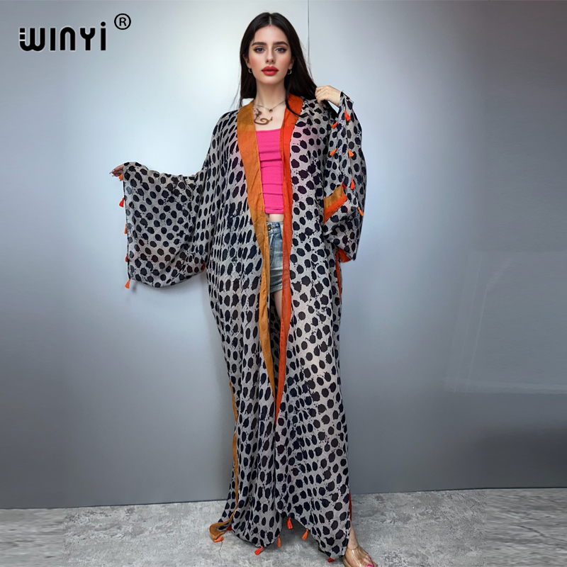 Boho Summer Beach Maxi Dress - ชุดฤดูร้อน WINYI กิโมโนลายพิมพ์โบโฮอเมริกัน ชุดคลุมชายหาดเดรสยาว คาร์ดิแกน ชุดชายหาดสำหรับผู้หญิง