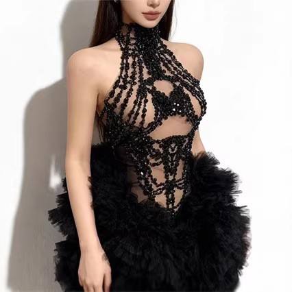 Sparkly Rhinestone Club Party Dress - ชุดมินิเดรสผู้หญิง ประดับเพชรระยิบระยับ ผ้าตาข่าย ซีทรู แขนกุด ทรงเข้ารูป
