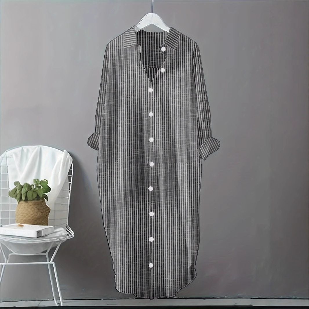 Casual Loose Linen Shirt Dress - เดรสเชิ้ตผ้าฝ้ายลินินลายทางสไตล์วินเทจ เสื้อผู้หญิงทรงโอเวอร์ไซส์ เดรสเชิ้ตยาวสำหรับฤดูใบไม้ผลิและฤดูร้อน