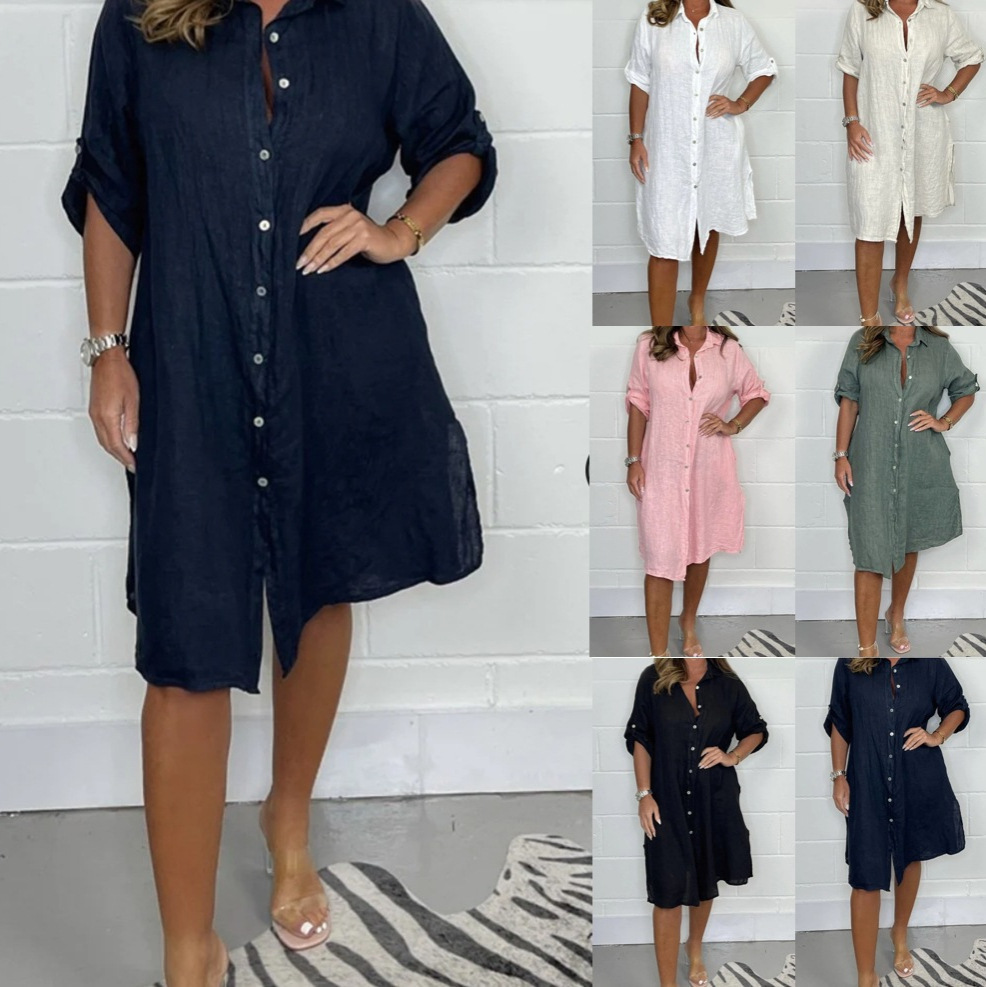 Casual Loose Linen Shirt Dress - ชุดเดรสผ้าลินินแขนสามส่วน ทรงหลวม สำหรับฤดูใบไม้ผลิและฤดูร้อน ผู้หญิง