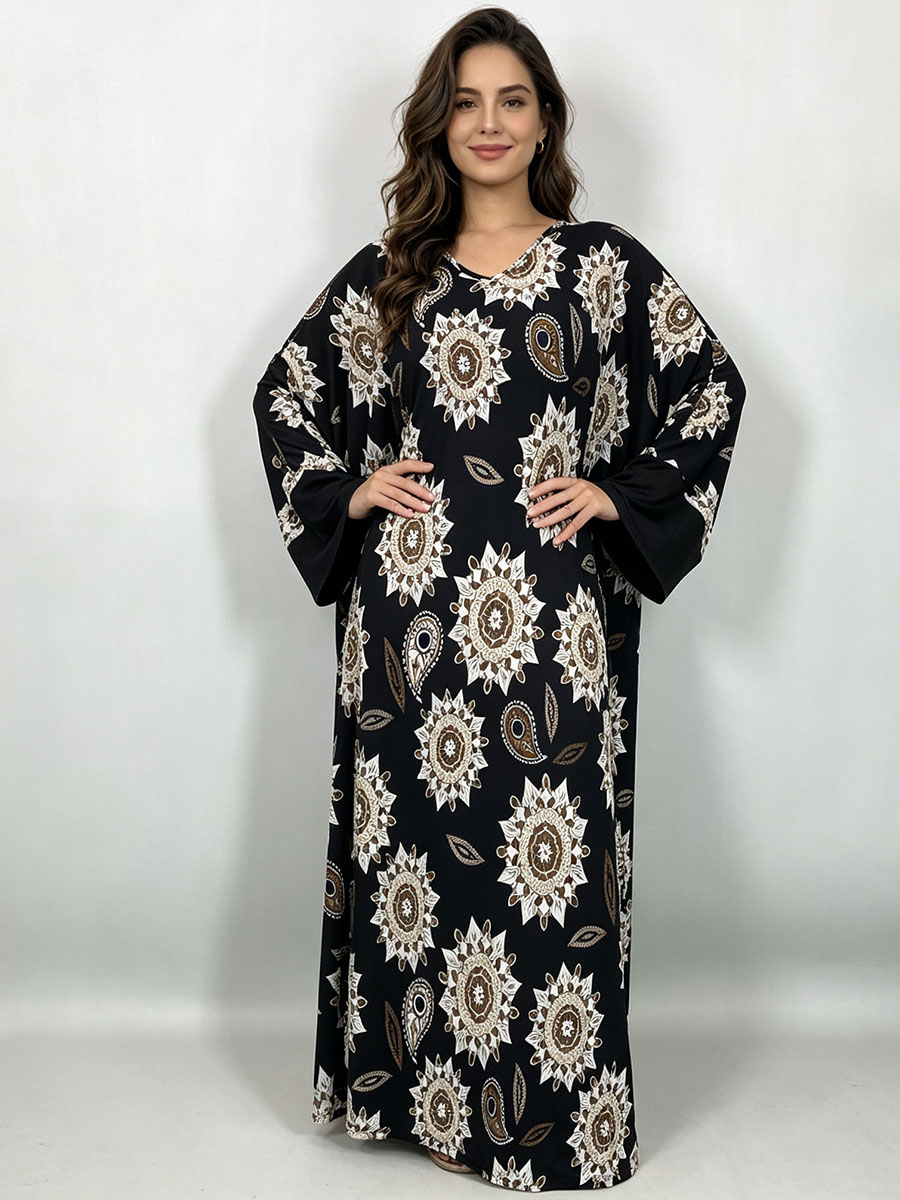 Boho Summer Beach Maxi Dress - ชุดเดรสยาวไซส์ใหญ่สำหรับผู้หญิง สีดำ ลายโบโฮ มันดาลา เพสลีย์ คอวี