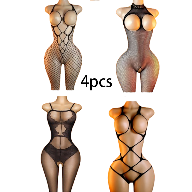 Lingerie - ชุด 4 ชิ้น: ชุดบอดี้สูทลูกไม้สีดำแบบเปิดหลัง – เหมาะสำหรับเดทวันวาเลนไทน์และโอกาสพิเศษ