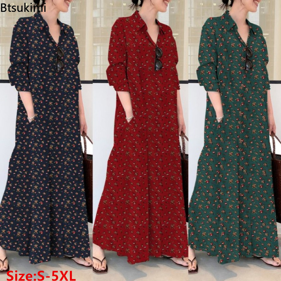 Casual Loose Linen Shirt Dress - เดรสเชิ้ตพิมพ์ลายยาวสำหรับผู้หญิง ผ้าฝ้ายลินินสวมใส่สบาย แขนยาว สไตล์อบายะ เรียบง่าย สบายๆ