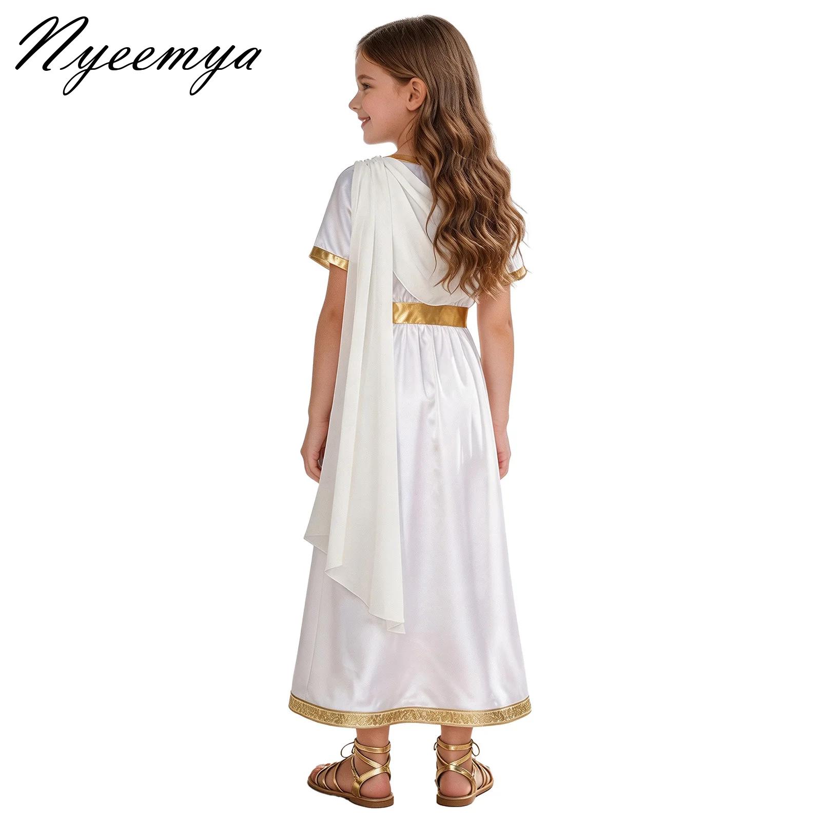 Dresses - ชุดเจ้าหญิงกรีกโบราณสำหรับเด็กผู้หญิง พร้อมผ้าคลุมไหล่ทิลล์พลิ้วไหว ชุดคลุมโทกาผ้าซาติน ชุดคอสตูมเทพธิดา ชุดเดรสสำหรับฮาโลวีน