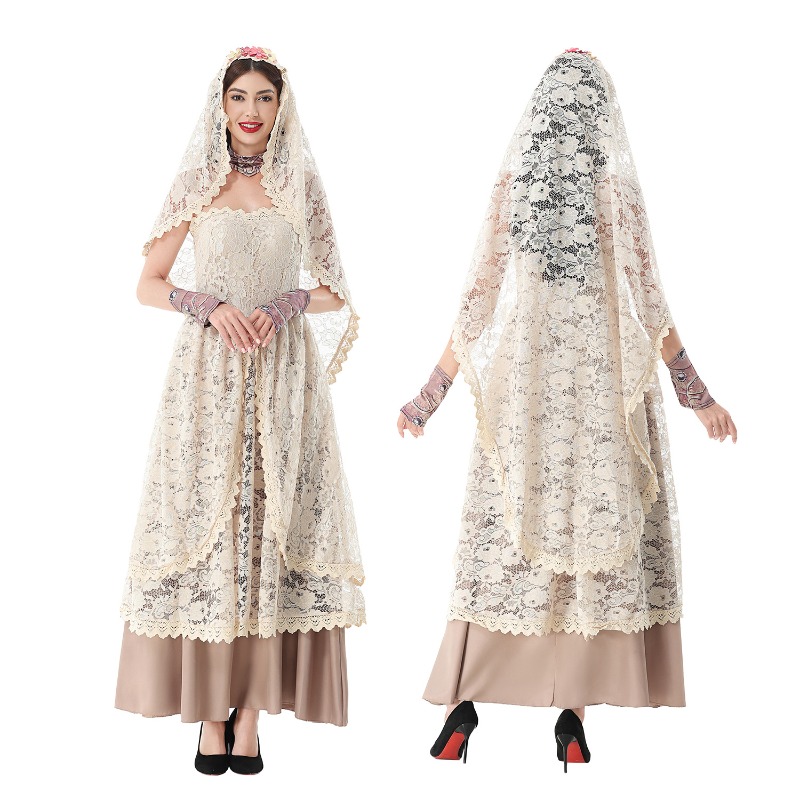 Dresses - ชุดเดรสยาวผ้าลูกไม้สไตล์วินเทจสำหรับผู้หญิง พร้อมผ้าคลุมหน้าลูกไม้ ดีไซน์เกาะอก ลายดอกไม้ เหมาะสำหรับงานฮาโลวีน งานแต่งงาน