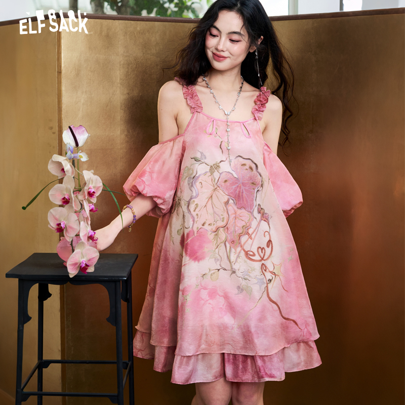 Off Shoulder Puff Sleeve Sundress - ELFSACK ชุดเดรสผ้าชีฟองผ้าแจ็คการ์ดมัดย้อมสำหรับผู้หญิง, เดรสสายเดี่ยวเปิดไหล่แขนพองทรงเอ-ไลน์แบบมีชั้นชายกระโปรงมิดิ