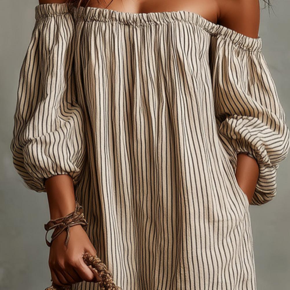 Off Shoulder Puff Sleeve Sundress - เดรสยาวลายทางเปิดไหล่สำหรับผู้หญิง ฤดูใบไม้ผลิ/ฤดูร้อน ชุดเดรสยาวพองๆ สำหรับใส่ไปเที่ยวทะเลช่วงวันหยุด มีกระเป๋า แบบเซ็กซี่