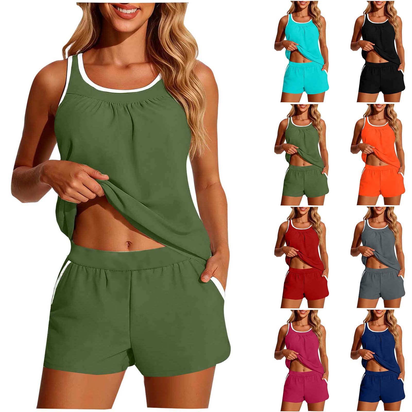 Swimwear - ชุดว่ายน้ำผู้หญิง 2 ชิ้น เสื้อครอปแขนกุด สีพื้น ชุดว่ายน้ำทูพีซ