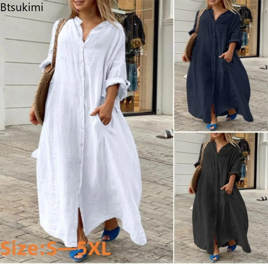 Casual Loose Linen Shirt Dress - เดรสผ้าฝ้ายลินินลำลองสำหรับผู้หญิงปี 2026 เดรสเชิ้ตแขนยาวทรงโอเวอร์ไซส์สีพื้น แฟชั่นผู้หญิง เสื้อผ้าผู้หญิงทรงหลวม
