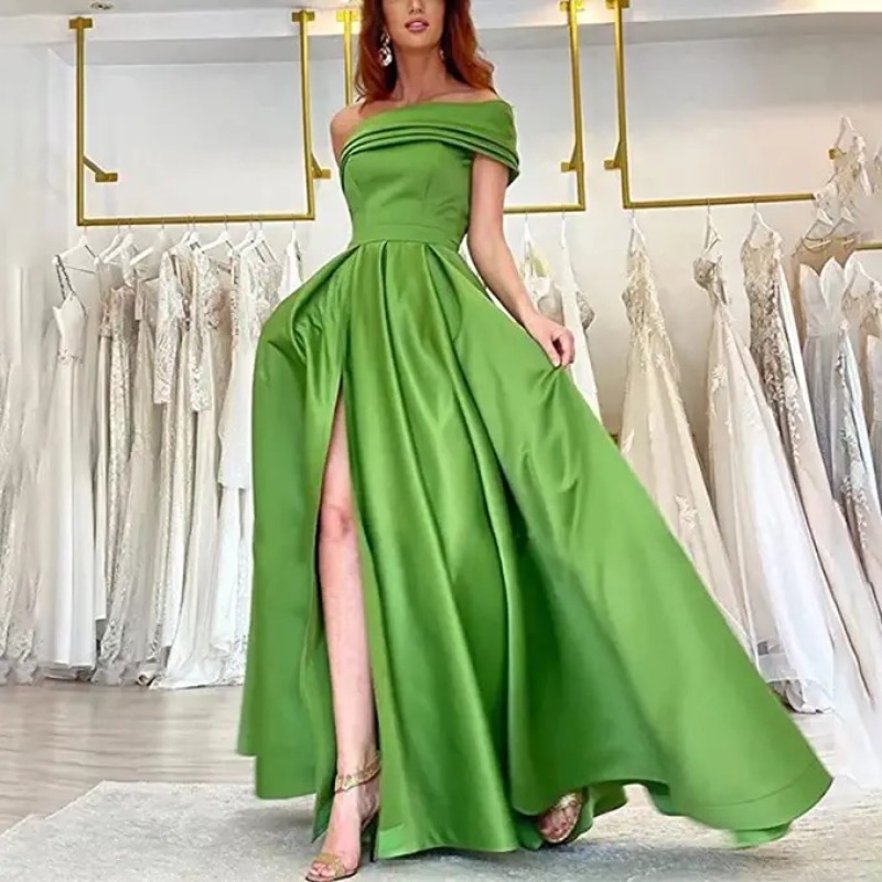 Elegant Satin Evening Gown Split - ชุดราตรีผ้าซาตินแบบเปิดไหล่ ดีไซน์หรูหรา ทรงเอไลน์ ผ่าสูง เหมาะสำหรับงานแต่งงาน งานเลี้ยง