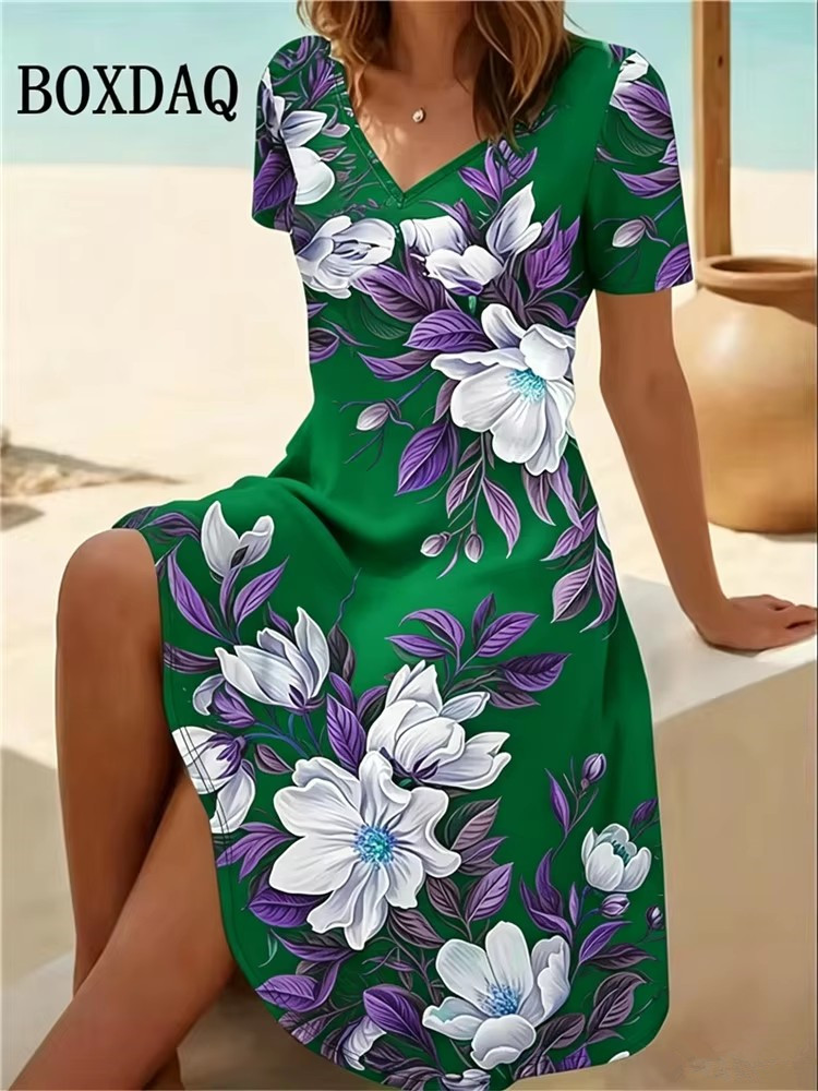 Boho Summer Beach Maxi Dress - 6XL พลัสไซส์ชุดเดรสผู้หญิงฤดูร้อนชายหาดลำลองเอ-ไลน์เดรสวินเทจโบโฮลายดอกไม้พิมพ์แขนสั้นคอวีหลวมเดรส เวสติโดส