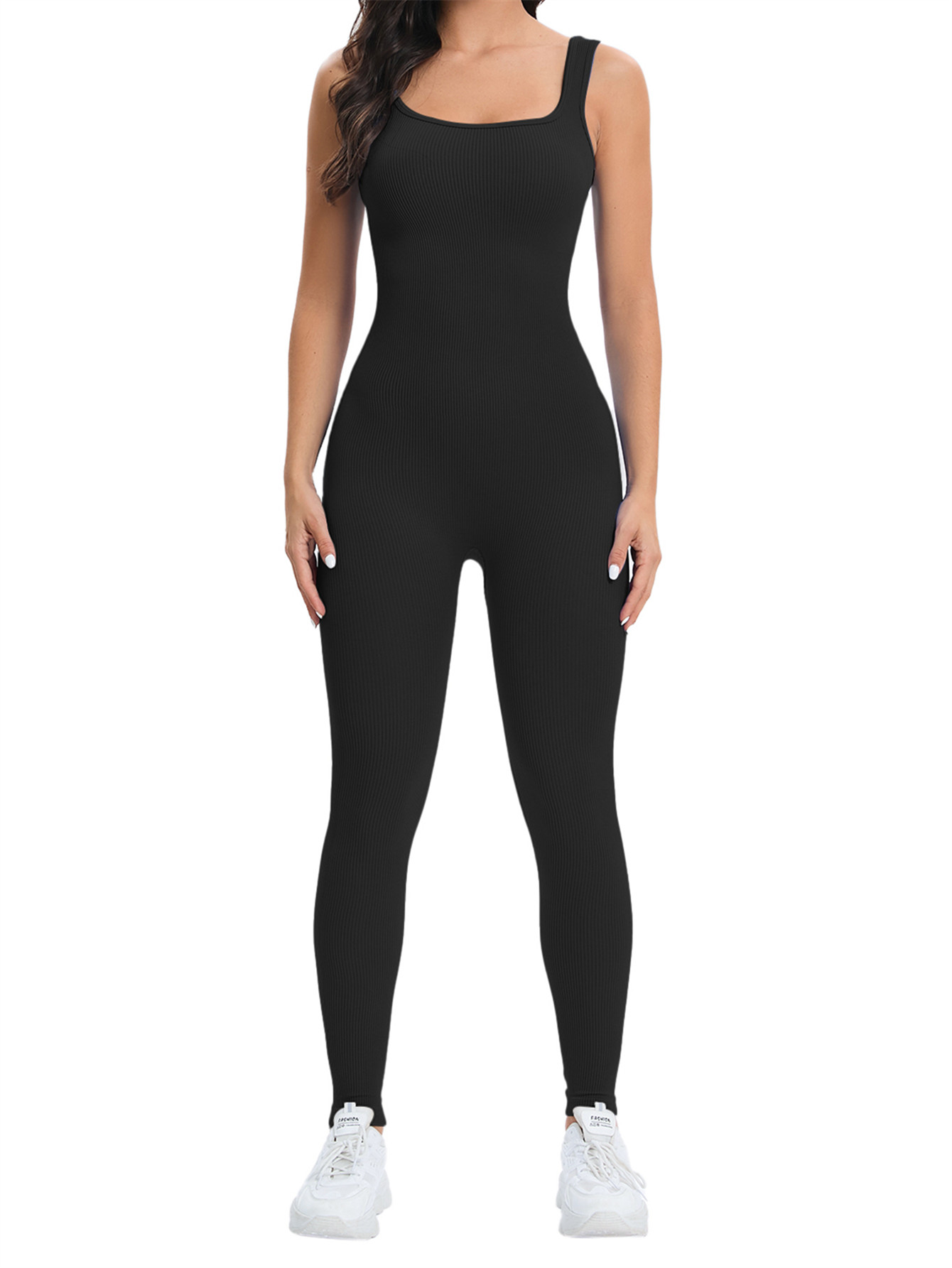 Seamless Ribbed Workout Tank Top - ชุดจั๊มสูทออกกำลังกายผู้หญิงแบบไร้รอยต่อ ผ้าริบ ยืดหยุ่น กระชับรูปร่าง แบบเสื้อกล้ามขายาว
