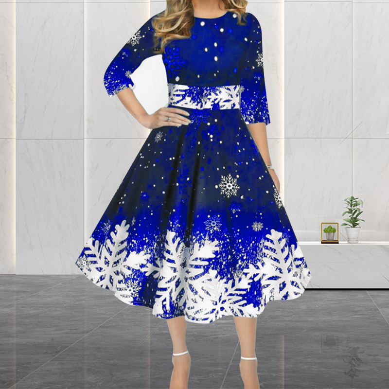 French Vintage Floral Midi Dress - ฤดูหนาวคริสต์มาสชุดผู้หญิง Vintage Robe Swing Elegant ครึ่งแขน
