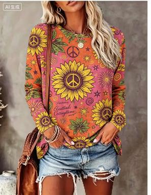 Blouses - เสื้อยืดแขนยาวผู้หญิง ลายดอกเดซี่ ผีเสื้อ สัญลักษณ์สันติภาพ คอกลม ทรงหลวม