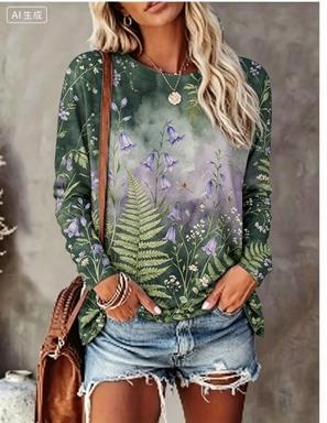 Blouses - เสื้อยืดแขนยาวผู้หญิง พื้นหลังไล่เฉดสี ลายดอกไม้และนกสีน้ำ คอกลม ทรงหลวม สไตล์ลำลองสำหรับใส่ในชีวิตประจำวัน