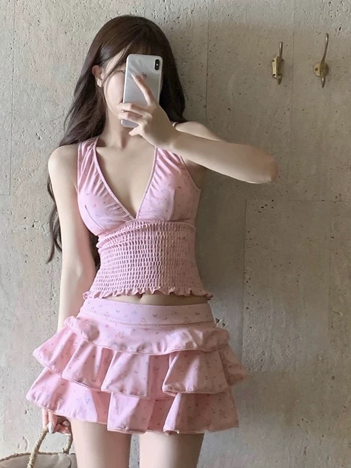 Skirts - ชุดว่ายน้ำผู้หญิงสำหรับฤดูร้อน ทรงสลิม ชุดแทนกินี่ ชุดบิกินี่กระโปรงแบบเรียบร้อย สำหรับผู้หญิง ผ้าโพลีเอสเตอร์