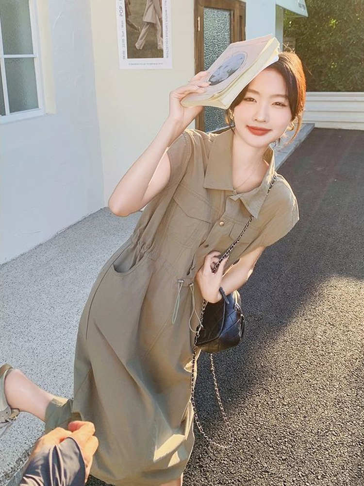 Korean Style A Line Shirt Dress - เดรสเชิ้ตทรงเอไลน์เอวสูงสไตล์เกาหลีสำหรับผู้หญิงไซส์ใหญ่ ช่วยพรางหุ่น ใส่สบายๆ รับหน้าร้อน ดูสง่างาม