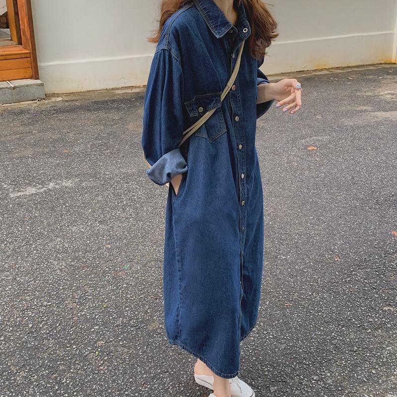 Korean Style A Line Shirt Dress - เดรสยีนส์ผู้หญิงแบบใหม่ปี 2026 แขนยาว ความยาวระดับเข่า สไตล์เกาหลี ทรงหลวม
