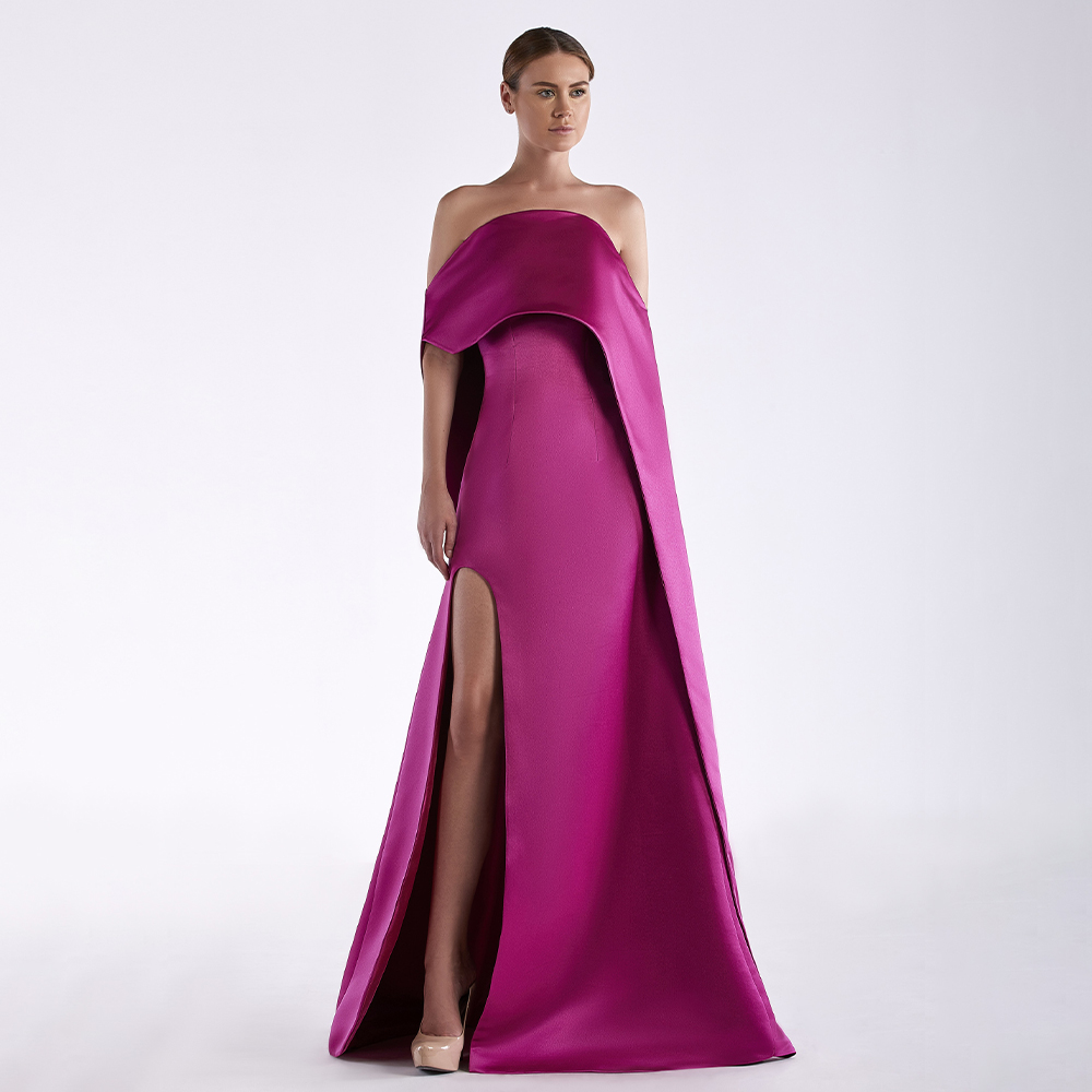 Elegant Satin Evening Gown Split - ชุดราตรีผ้าซาตินสีบานเย็นไร้สายผ่าข้างสำหรับผู้หญิงชุดออกงานกลางคืนหรูหราเปิดไหล่2024ชุดเดรสปาร์ตี้ทางการ