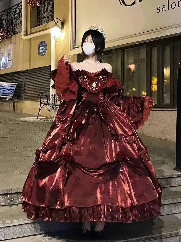 Skirts - ความงามชุดเจ้าหญิงสีแดงLolitaกระโปรงยาวElegant LolitaชุดHeavy Industryกระโปรงดอกไม้ชุดสีแดงสีแดงPassionชุด