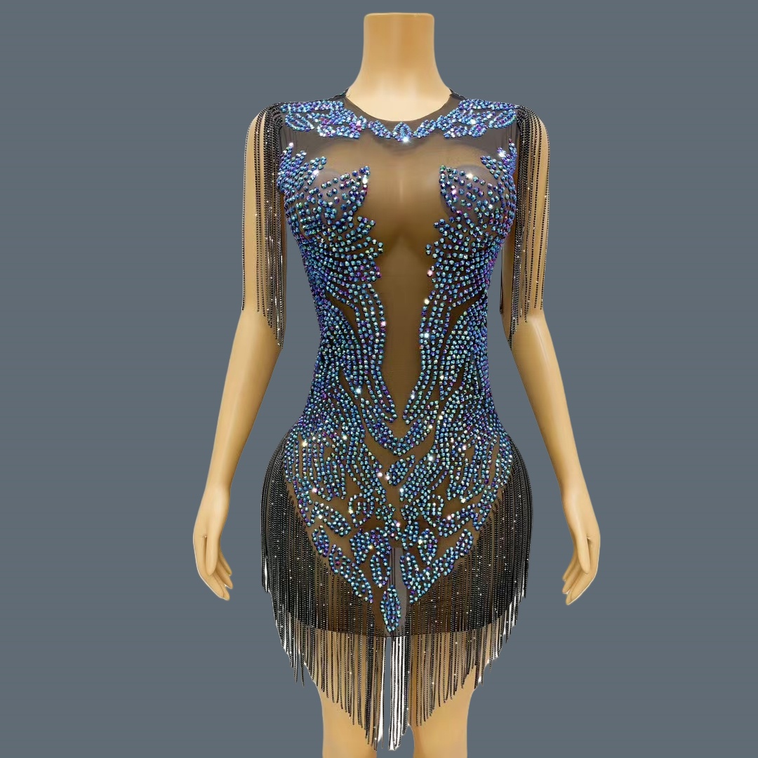Sparkly Rhinestone Club Party Dress - ชุดราตรีหรูหราสำหรับสตรี ชุดมินิเดรสผ้าตาข่ายสีดำประดับเพชรเทียมระยิบระยับและพู่ สำหรับงานเลี้ยงฉลองวันเกิด ชุดปาร์ตี้ Heichi