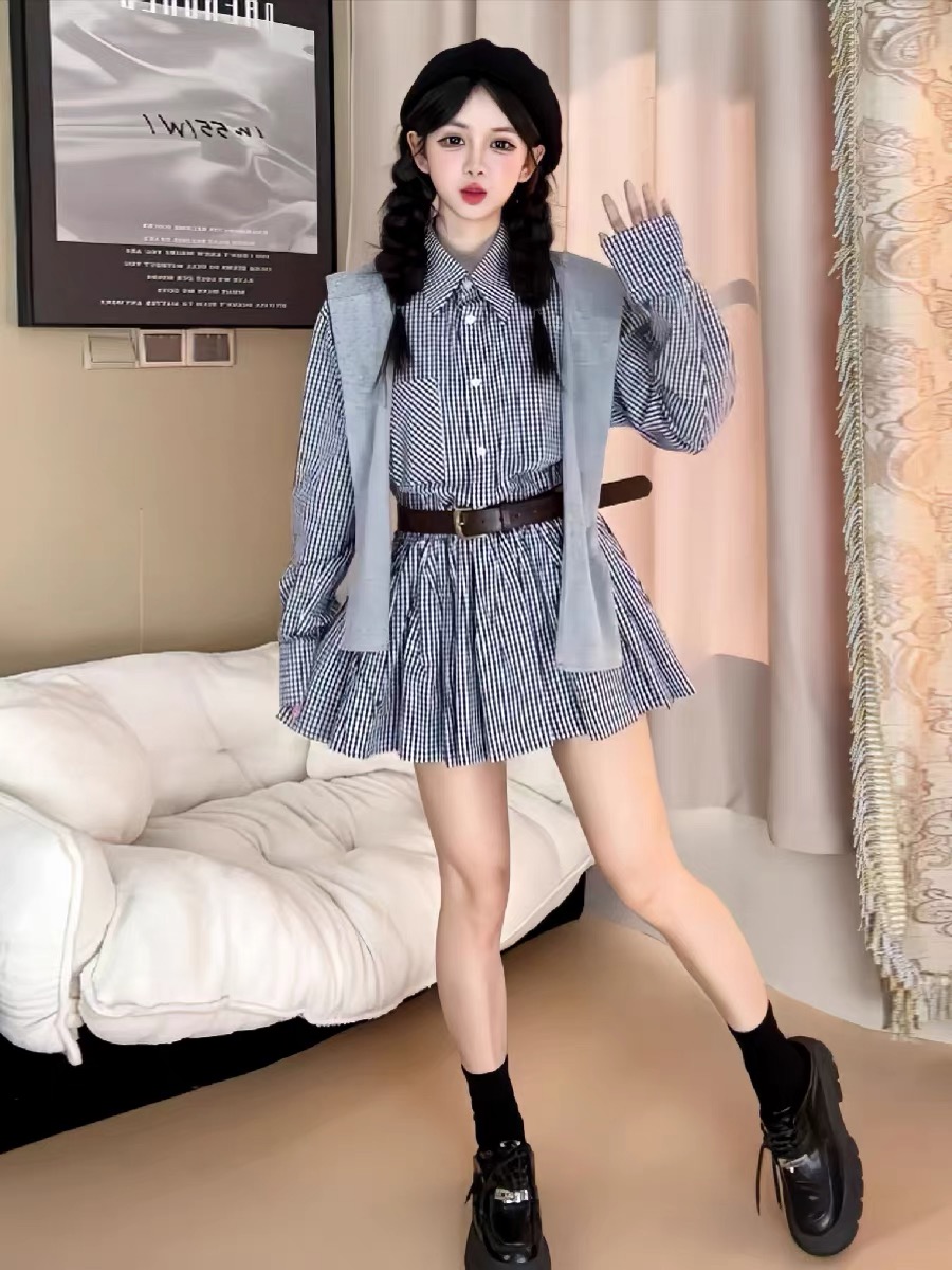 Korean Style A Line Shirt Dress - เดรสเชิ้ตสไตล์เกาหลีสำหรับต้นฤดูใบไม้ร่วง กระโปรงลายสก็อตวินเทจ คอตั้ง สไตล์นักศึกษา แขนยาว พร้อมผ้าคลุมไหล่