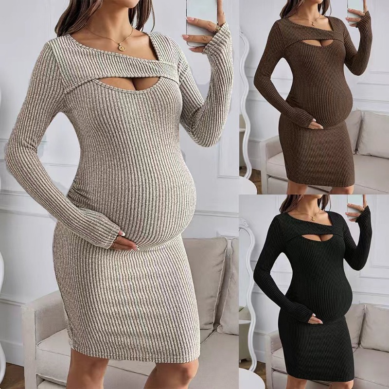 Bodycon Long Sleeve Ribbed Dress - ชุดคลุมท้อง เดรสแขนยาวผ้าริบสำหรับหญิงตั้งครรภ์ ดีไซน์เว้าช่วงเอว ทรงเข้ารูป กระโปรงถักยืดหยุ่น