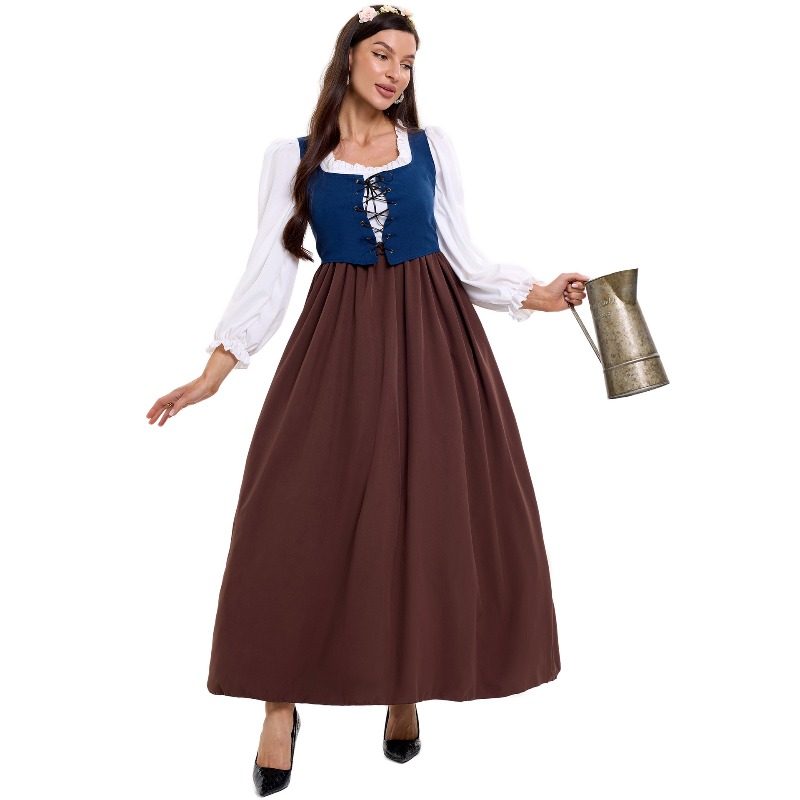 Skirts - ชุดคอสเพลย์สไตล์วินเทจสำหรับผู้หญิง ชุดชาวบ้าน เสื้อแขนยาวพอง คอเหลี่ยม ผูกเชือก เสื้อกั๊ก