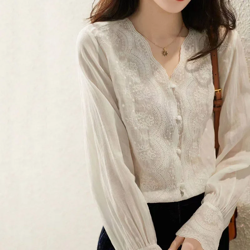Casual Loose Linen Shirt Dress - GELITAYIN V คอยาวแขนยาวผ้าลินินเสื้อฤดูใบไม้ร่วงเสื้อหลวมสไตล์ฝรั่งเศสเย็บปักถักร้อยดอกไม้ลูกไม้ผู้หญิงเสื้อหวาน Blusas Elega