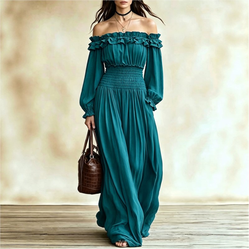 Off Shoulder Puff Sleeve Sundress - เดรสแม็กซี่แฟชั่นเปิดไหล่สำหรับผู้หญิง ฤดูใบไม้ร่วง คอระบาย แขนทรงโคมเอวสูง จับจีบ สไตล์โบโฮ