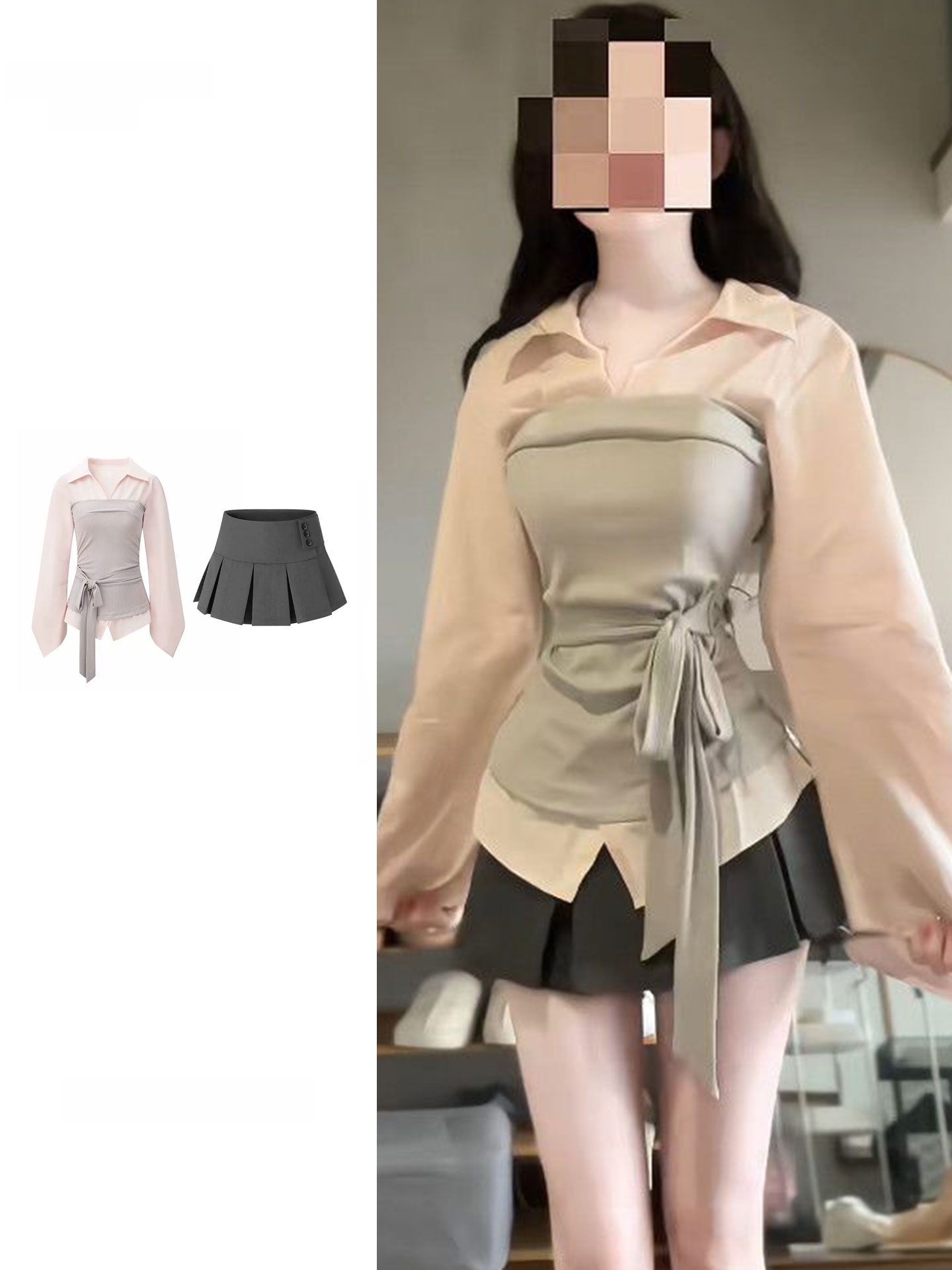 Korean Style A Line Shirt Dress - ชุดเซ็ตเสื้อและกระโปรงสไตล์เกาหลีสำหรับสาวพลัสไซส์ ตัดต่อสีสันแบบแพทช์เวิร์ค เอวสูง กระโปรงทรงเอ จีบระบาย ความยาวปานกลาง