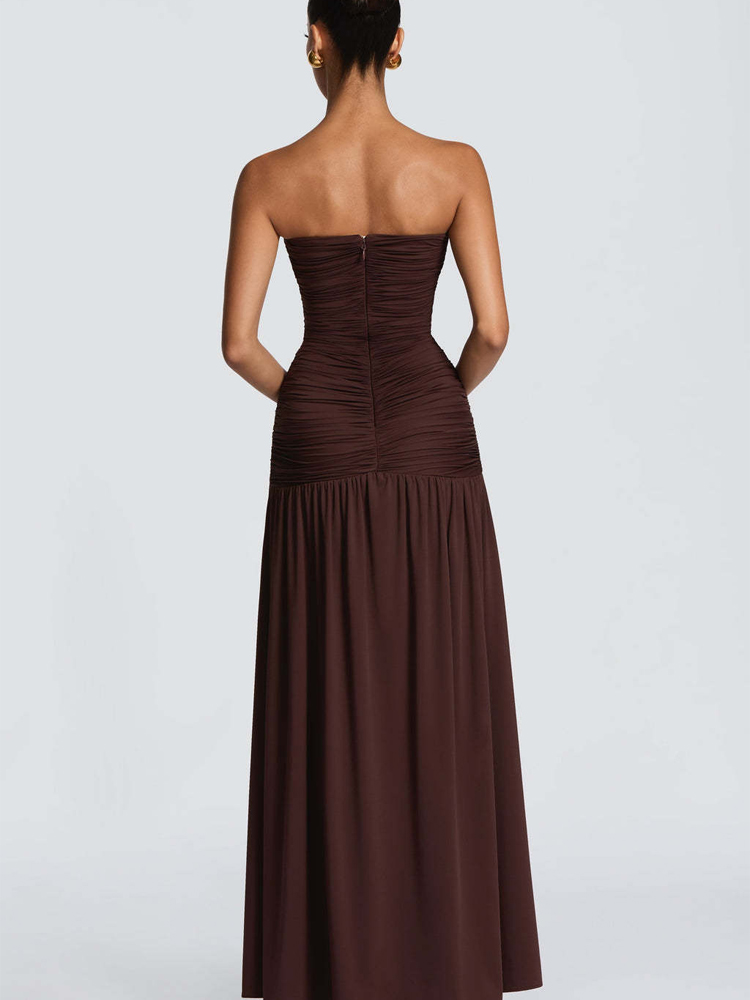 Elegant Satin Evening Gown Split - เดรสยาวทรงเข้ารูป ผ้าซาติน จับจีบเรียบหรู แขนกุด คอวี ไหล่เฉียง