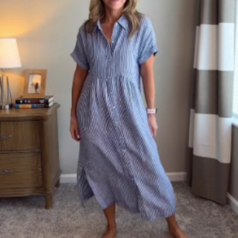 Casual Loose Linen Shirt Dress - เดรสเชิ้ตลายทางสำหรับผู้หญิง ฤดูร้อน ทรงหลวม ไซส์ใหญ่ ผ้าฝ้ายลินิน แขนสั้น