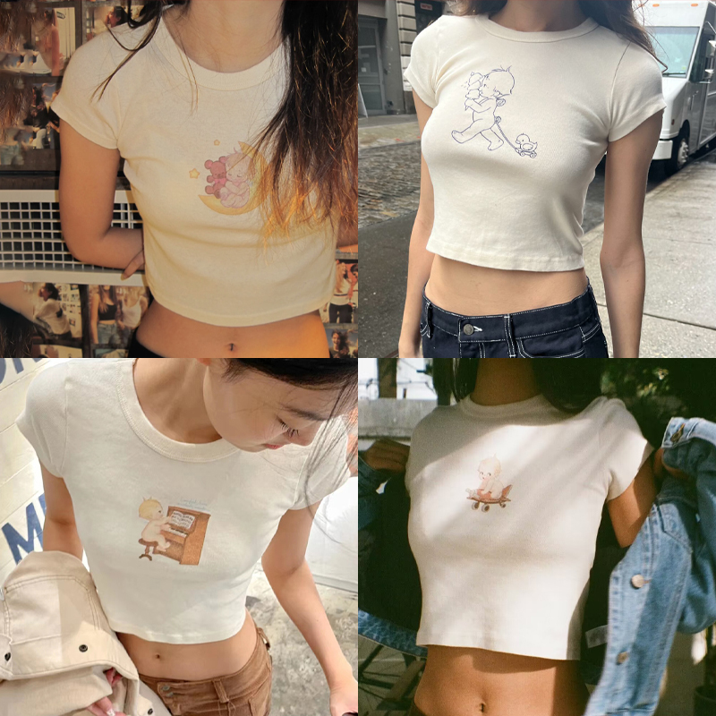 Y2K Graphic Baby Tee Crop - เสื้อยืดลายการ์ตูนสำหรับ Y2k เสื้อครอปน่ารักผ้าฝ้ายคอกลมแขนสั้นลายการ์ตูนหวานแหวววไม่เหมือนใครสำหรับฤดูร้อน