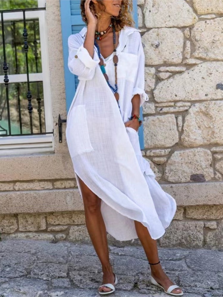 Casual Loose Linen Shirt Dress - ชุดเดรสเชิ้ตผู้หญิงสีขาวสีทึบปุ่มแยกชุดยาวหลวมลําลองแขนยาวผ้าฝ้ายลินินชุดสําหรับผู้หญิง 2025