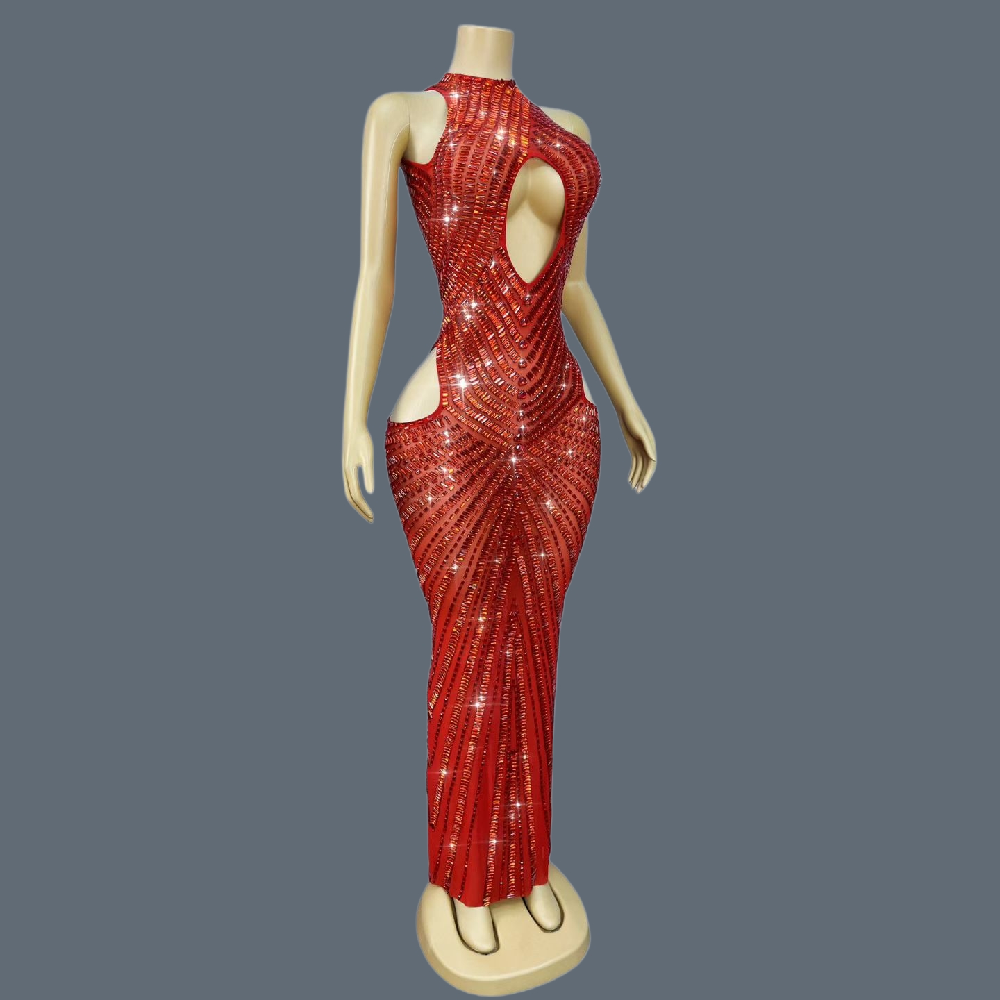 Sparkly Rhinestone Club Party Dress - ชุดเดรสทรงเมอร์เมดสีแดงหรูหราประดับคริสตัล ดีไซน์เว้าสุดเซ็กซี่ ชุดแสดงบนเวที ชุดราตรีสำหรับงานพรอม ปาร์ตี้ คลับ