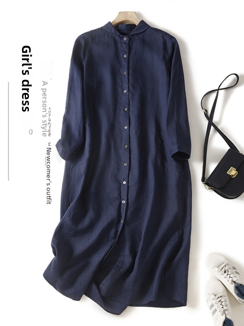 Casual Loose Linen Shirt Dress - เดรสเชิ้ตผ้าลินินผสมฝ้าย แขนยาว สไตล์ลำลอง ทรงหลวม ใส่สบาย ไซส์ใหญ่