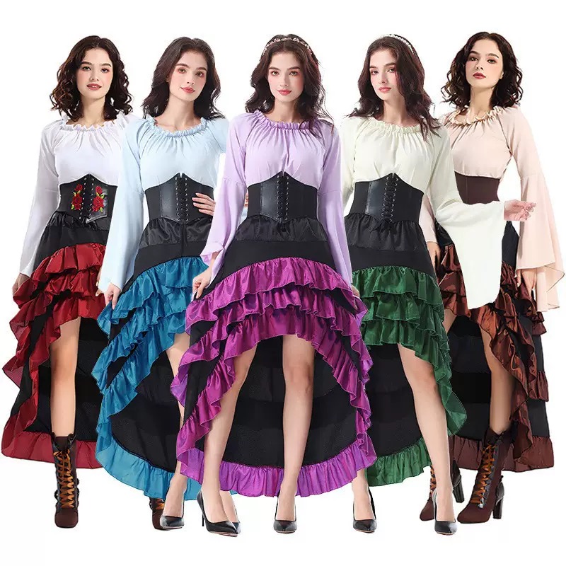 Dresses - ชุดเดรสยาวสไตล์วรรณกรรมฮาโลวีนสุดทันสมัย ด้านหน้าสั้น ด้านหลังยาว ชายกระโปรงระบายใบบัว ชุดคอสตูมยุคกลาง สไตล์โจรสลัด