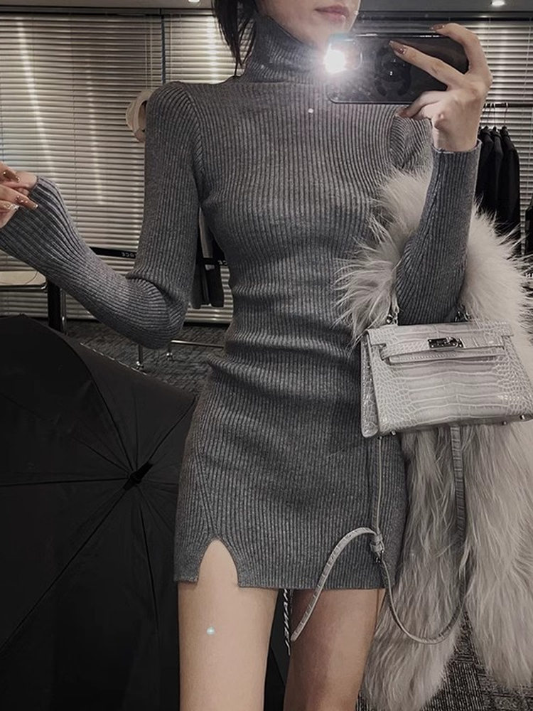 เดรสสั้นผ้าถักทรงรัดรูปสำหรับผ - Bodycon Long Sleeve Ribbed Dress บทวิจารณ์และราคา