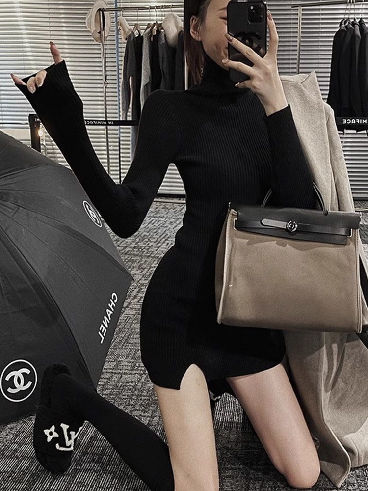 เดรสสั้นผ้าถักทรงรัดรูปสำหรับผ - Bodycon Long Sleeve Ribbed Dress บทวิจารณ์และราคา