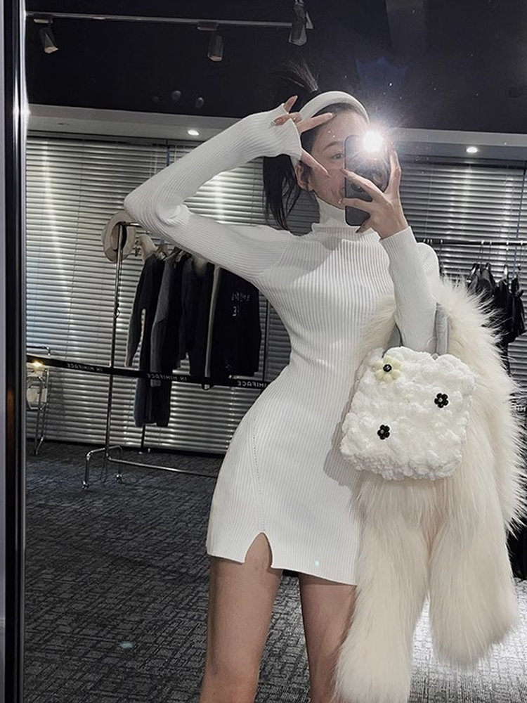 เดรสสั้นผ้าถักทรงรัดรูปสำหรับผ - Bodycon Long Sleeve Ribbed Dress บทวิจารณ์และราคา