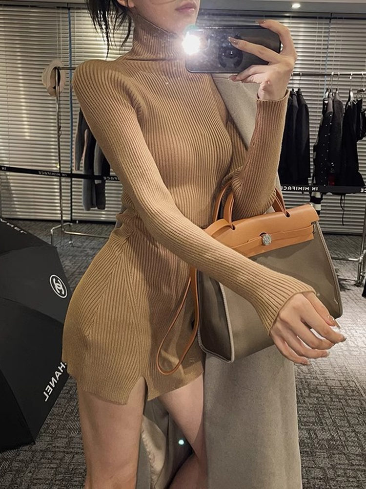 เดรสสั้นผ้าถักทรงรัดรูปสำหรับผ - Bodycon Long Sleeve Ribbed Dress บทวิจารณ์และราคา