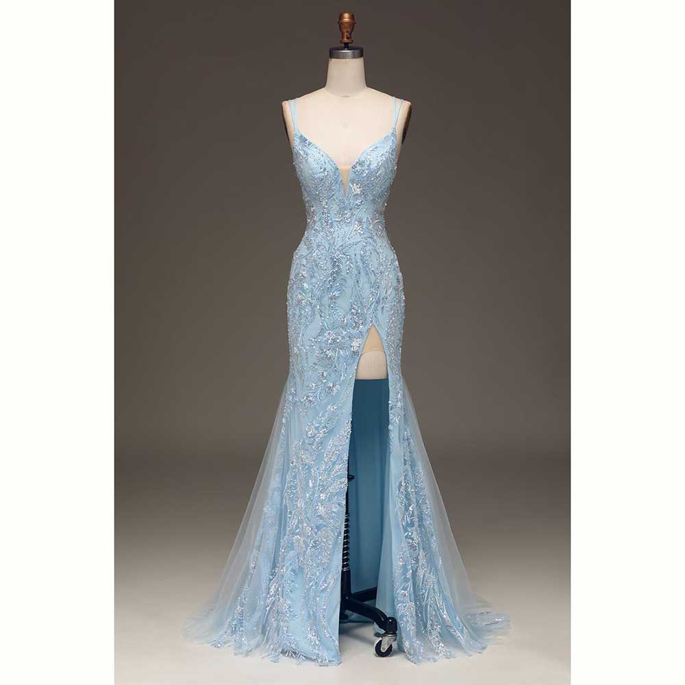 Elegant Light Blue ซาตินผู้หญิ - Elegant Satin Evening Gown Split บทวิจารณ์และราคา