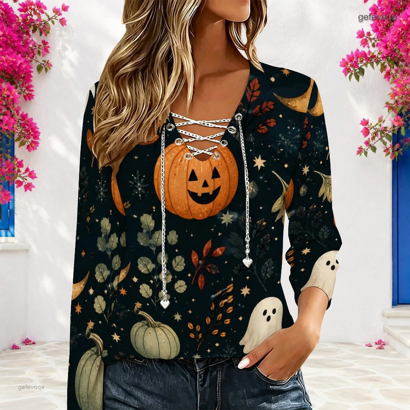 เสื้อผู้หญิงคอวีแขนยาว พร้อมสา - Blouses บทวิจารณ์และราคา